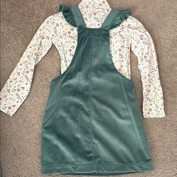 Green Velvet Pinafore Dress with Floral Top Girls Size 5 - Picture 4 of 5